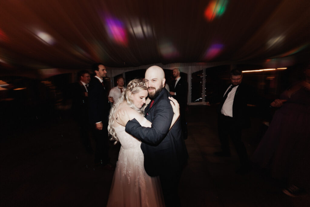Bride and groom share a slow dance at Sue-Ann Staff Winery